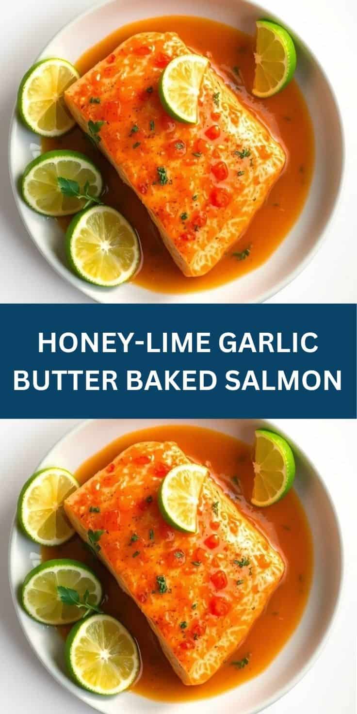 Honey-lime garlic butter baked salmon fillet on white plate with lime slices and fresh herbs.