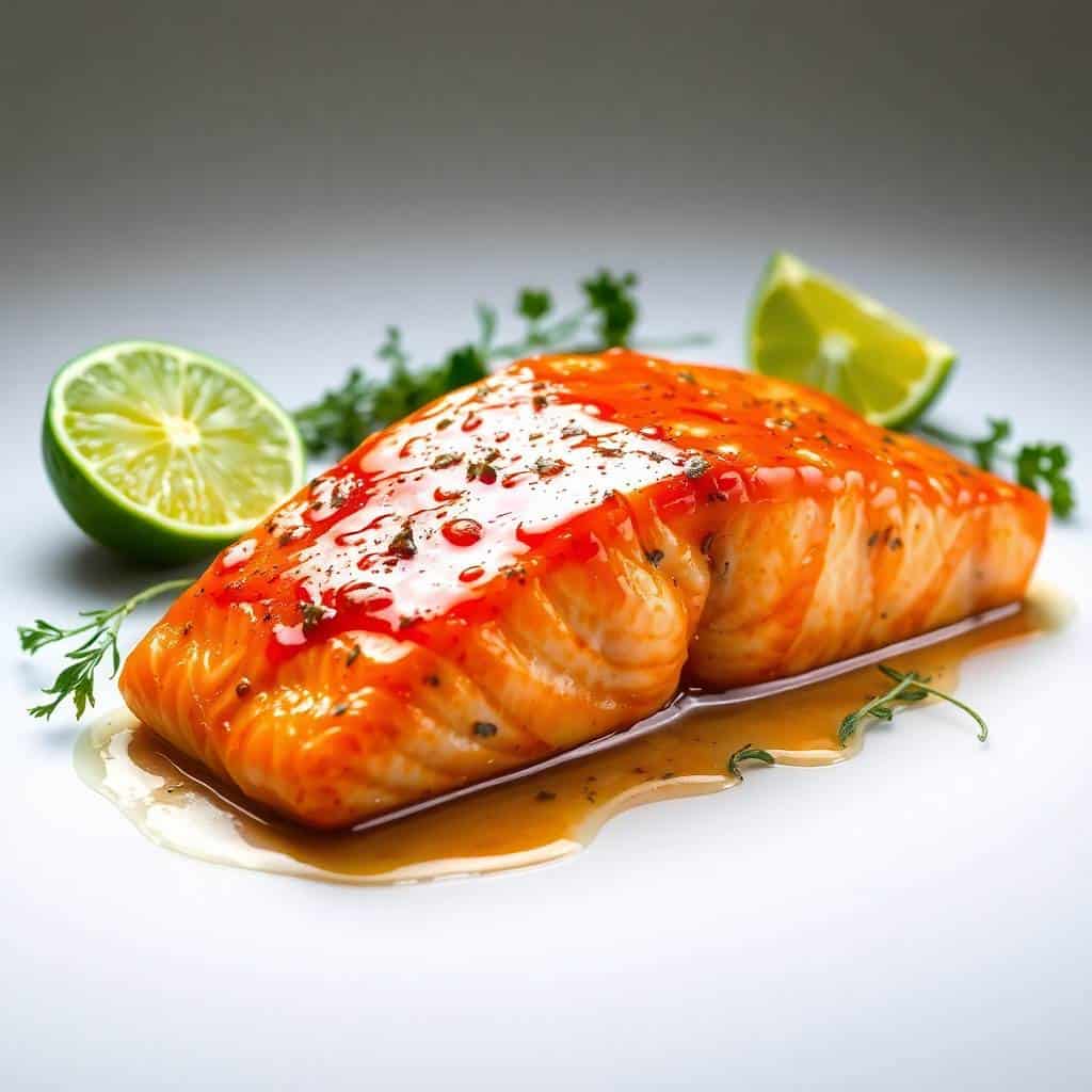 Glazed salmon fillet with honey-lime garlic butter, garnished with lime wedges and fresh herbs on white plate.
