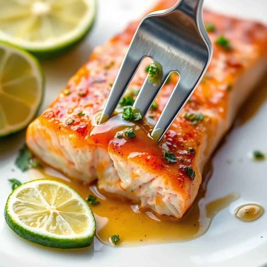 Honey-lime garlic butter baked salmon fillet with fresh lime slices and green garnish on white plate.