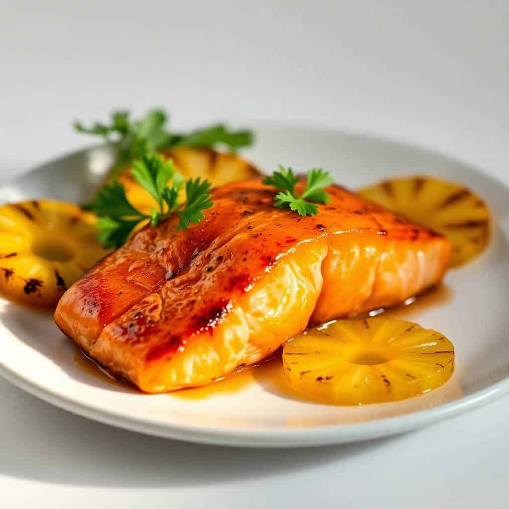 Glazed honey pineapple salmon fillet with caramelized pineapple rings and fresh cilantro garnish on white plate.