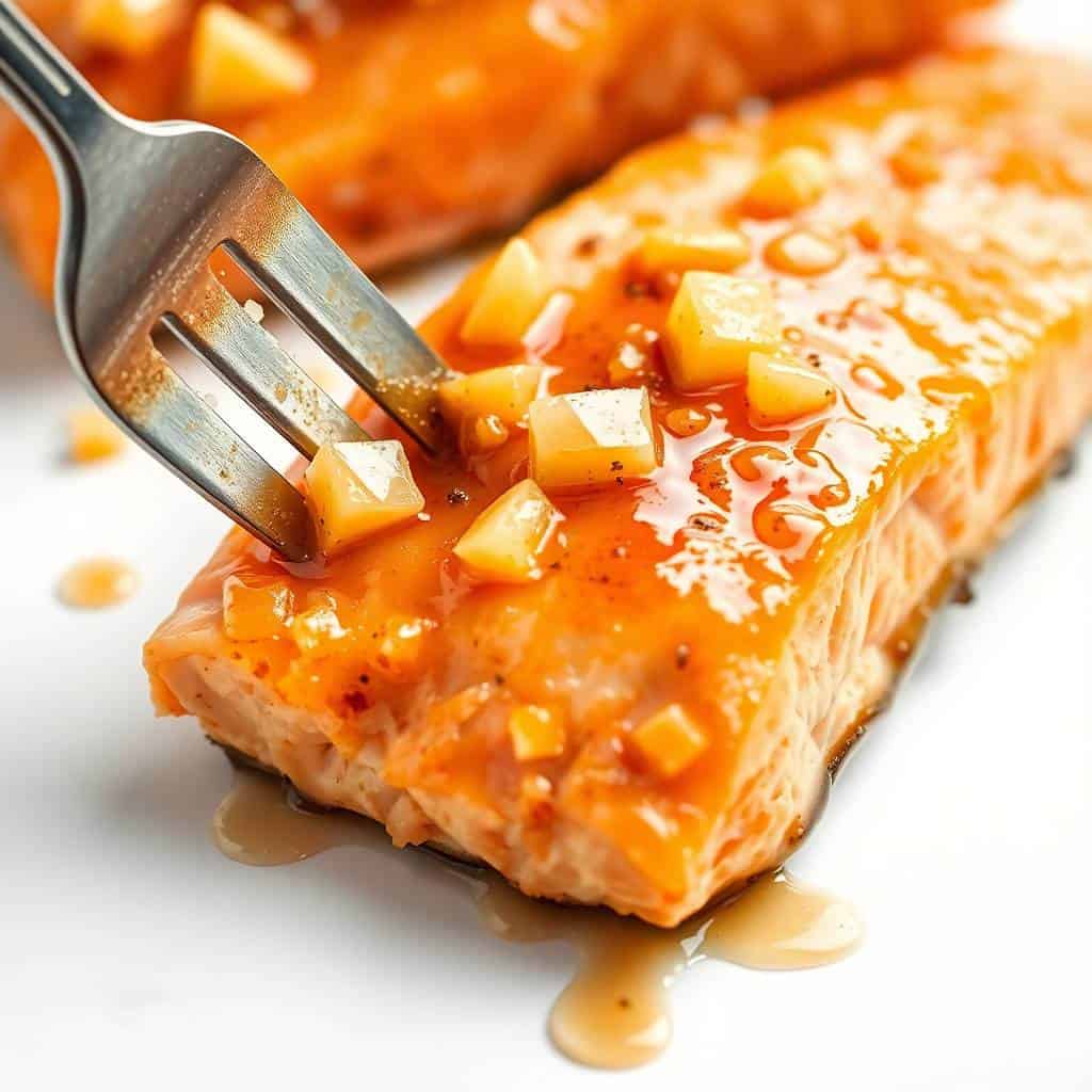 Glazed honey pineapple salmon fillet with caramelized pineapple chunks and sauce being brushed on.