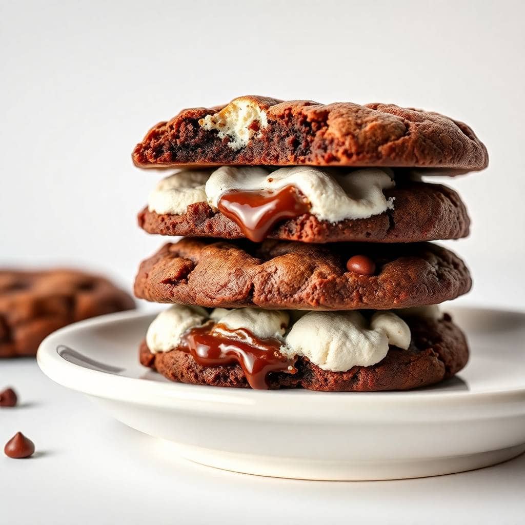 Stacked hot chocolate brownie cookies with marshmallow and caramel filling on white plate.