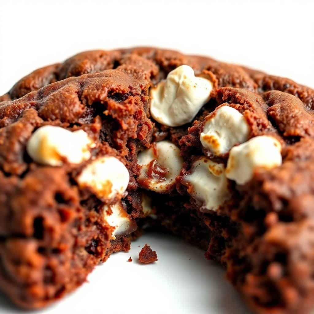Chocolate brownie cookie with melted marshmallow pieces on white surface.