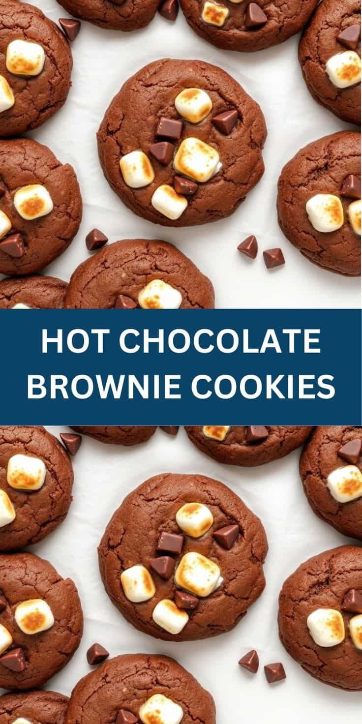 Hot chocolate brownie cookies with marshmallow and chocolate chips on white background.