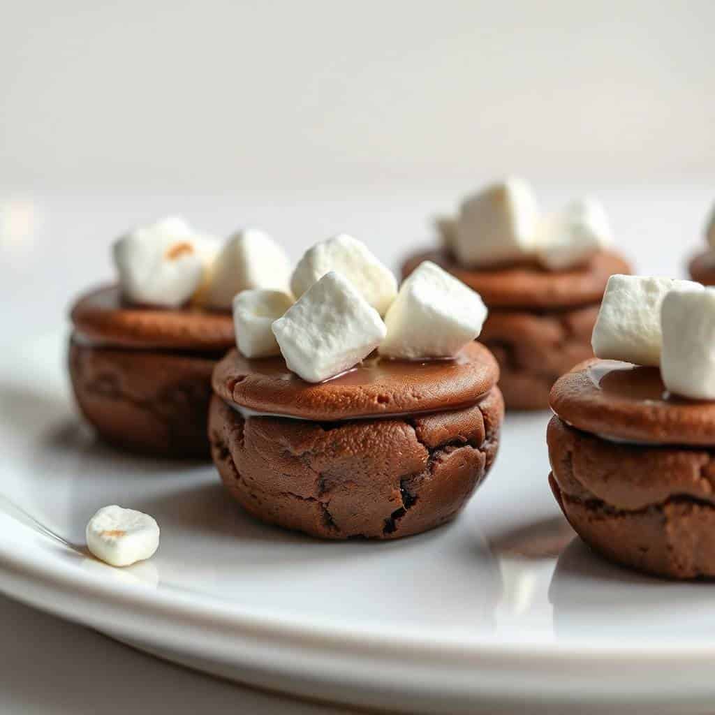 Hot chocolate cookie cups topped with marshmallows arranged on a white plate.