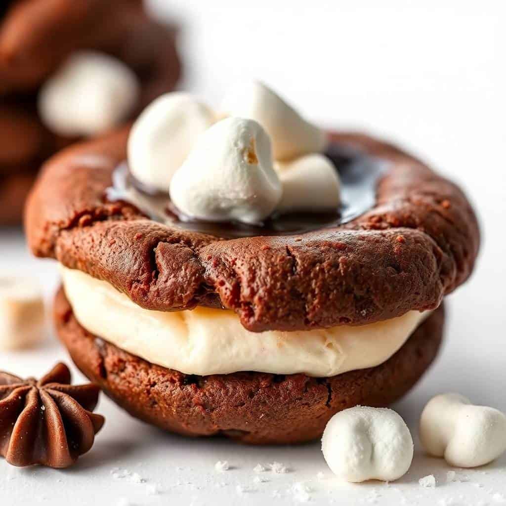 Chocolate cookie cups filled with cream filling and topped with whipped cream and star anise.