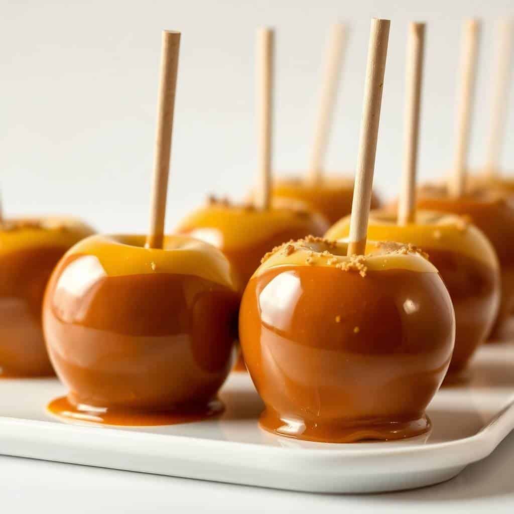Gourmet caramel apples with glossy coating and wooden sticks arranged on white plate.