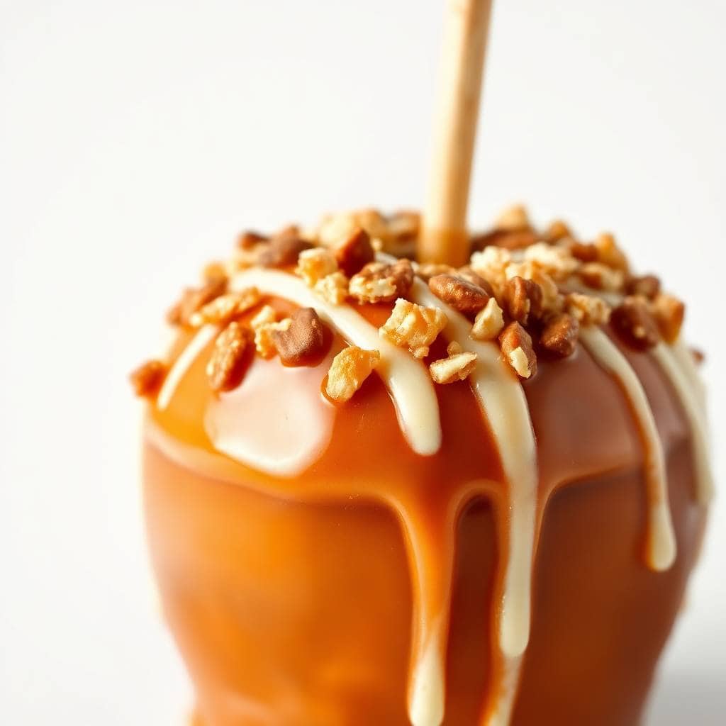 Gourmet caramel apple coated in white chocolate drizzle and topped with toffee bits on wooden stick.