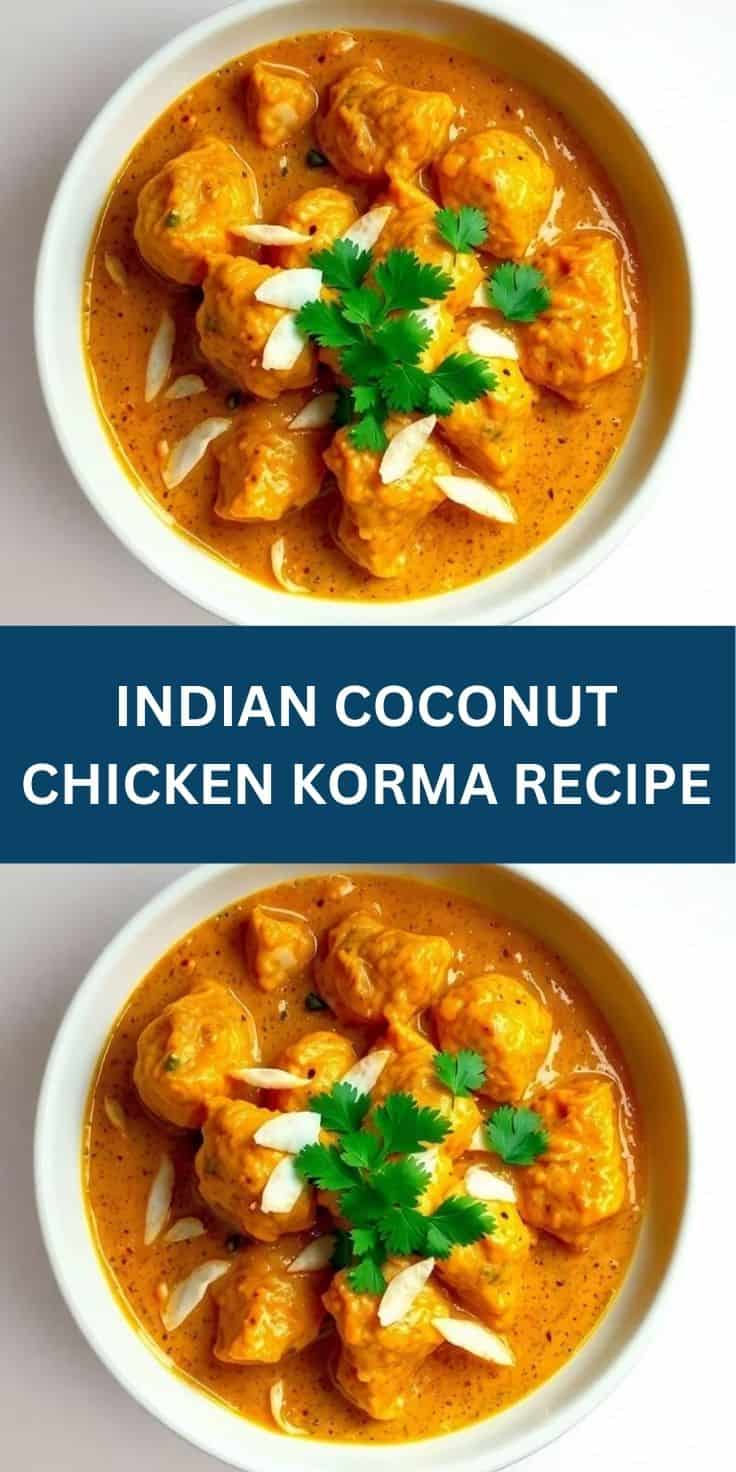 Indian Coconut Chicken Korma in white bowl, garnished with cilantro and sliced almonds, rich orange sauce.