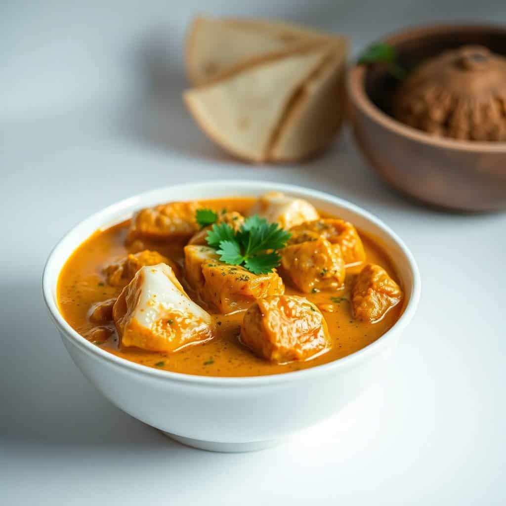 White bowl of creamy orange coconut chicken korma garnished with cilantro, served with naan bread.