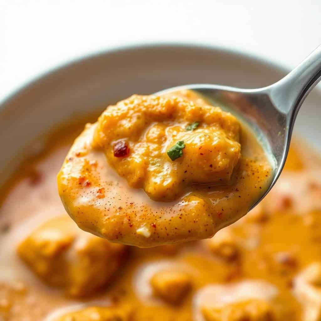 Spoonful of creamy coconut chicken korma with tender chicken pieces and garnish over blurred bowl background.