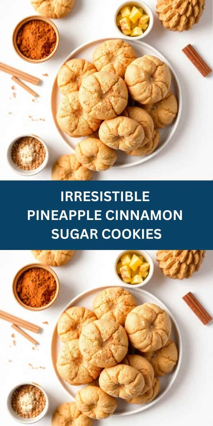 Pineapple cinnamon sugar cookies arranged on white plate with cinnamon sticks and ingredients.