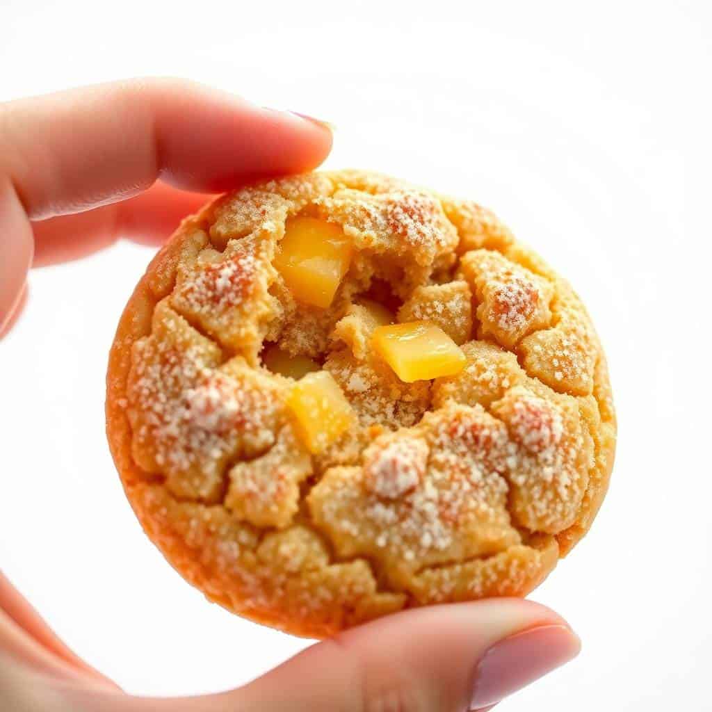 Close-up of a pineapple cinnamon sugar cookie held in hand, topped with crystallized pineapple chunks and cinnamon sugar c...