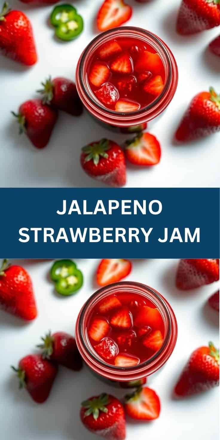 Jalapeno strawberry jam in glass jar surrounded by fresh strawberries and sliced jalapenos on white surface.