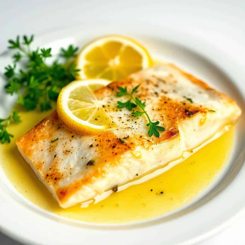 Pan-seared lemon butter fish fillet garnished with fresh parsley and lemon slices on white plate.