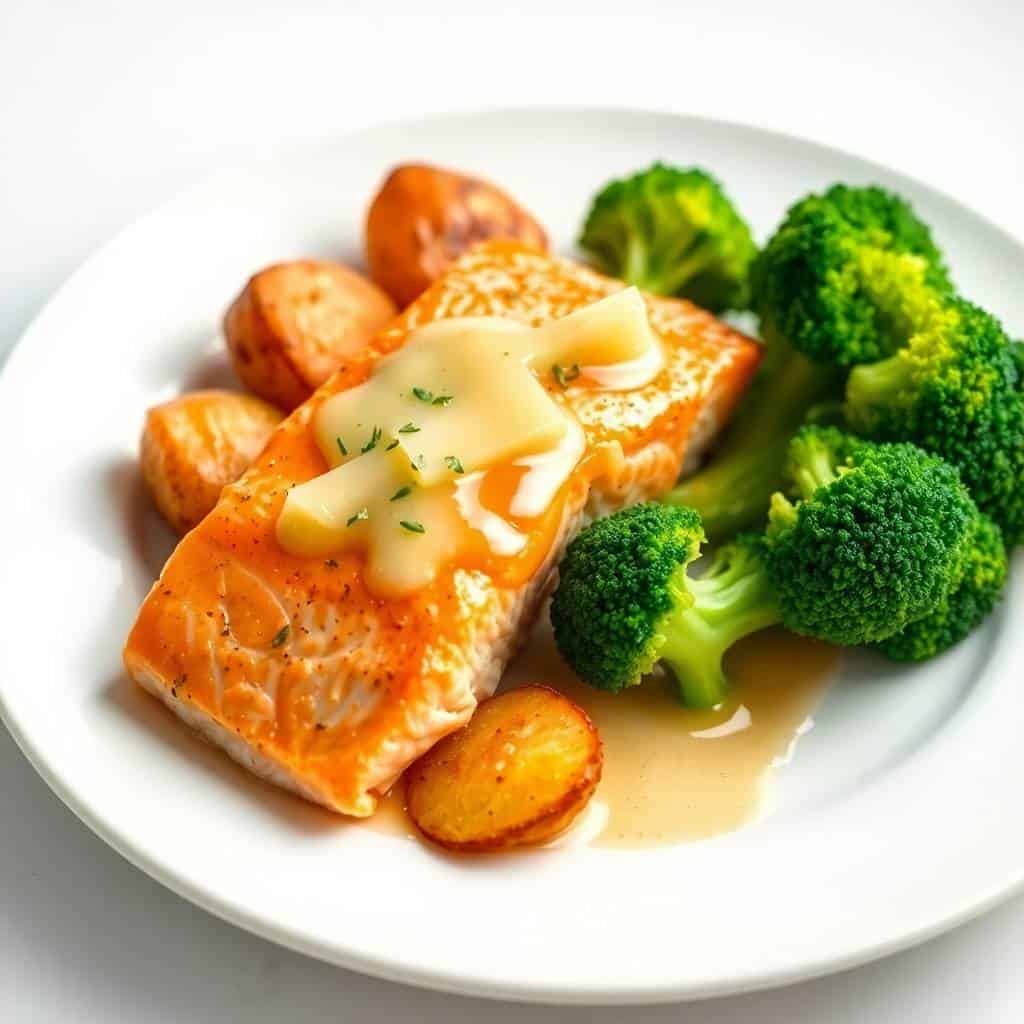Lemon butter salmon fillet with crispy potatoes, broccoli, and chive garnish on white plate.