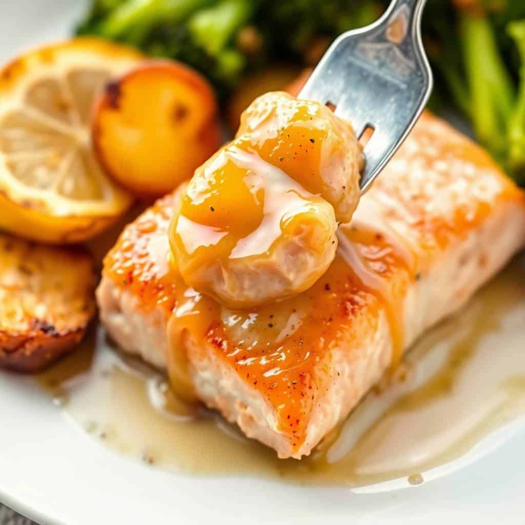 Lemon butter salmon fillet with shrimp garnish, fresh lemon slices, and broccoli on white plate.