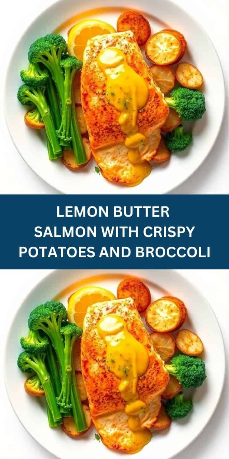 Lemon butter salmon fillet with crispy roasted potatoes, broccoli, and lemon slices on white plate.