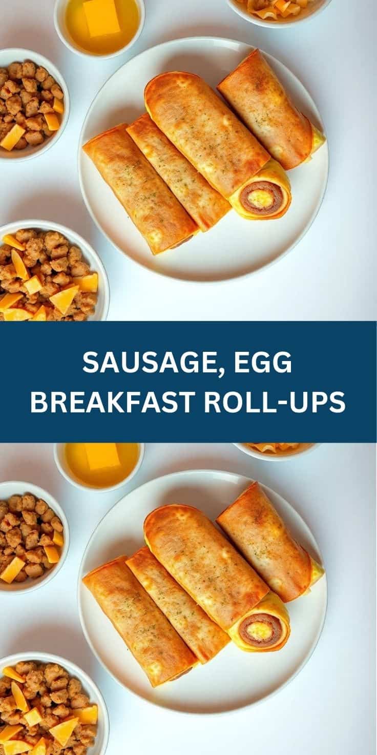 Golden-brown sausage and egg breakfast roll-ups plated with fresh fruit and beans on white dinnerware.