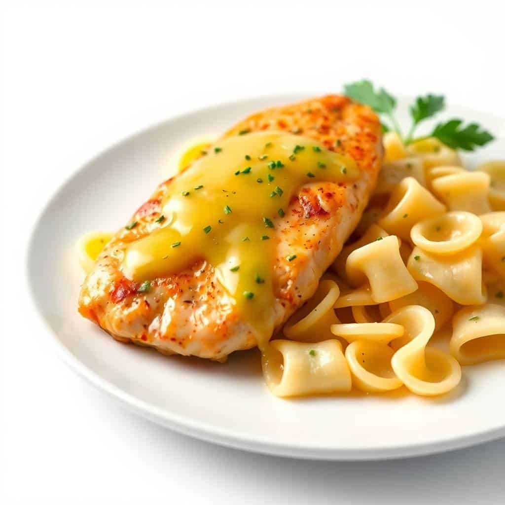 Lemon garlic chicken with creamy bowtie pasta on white plate, garnished with fresh parsley.