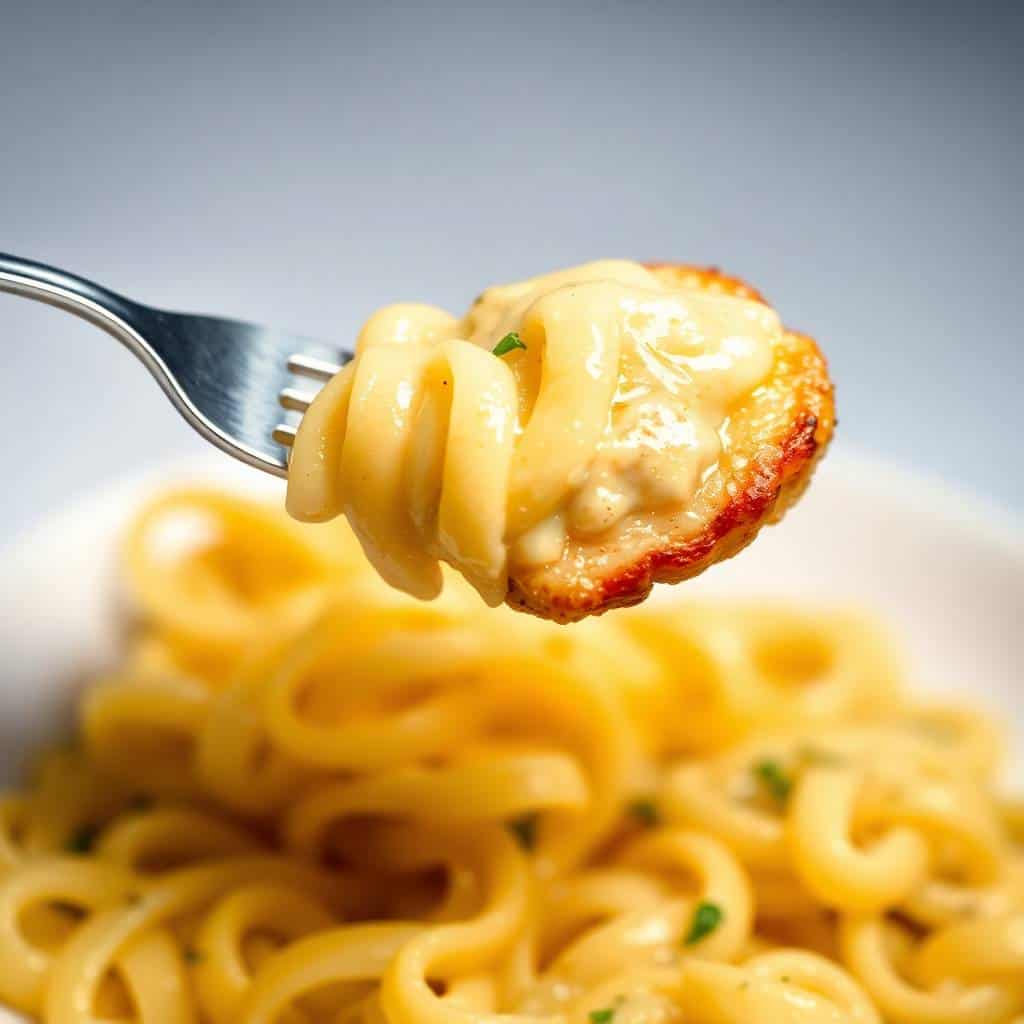 Fork lifting golden lemon garlic chicken over creamy bowtie pasta garnished with herbs.