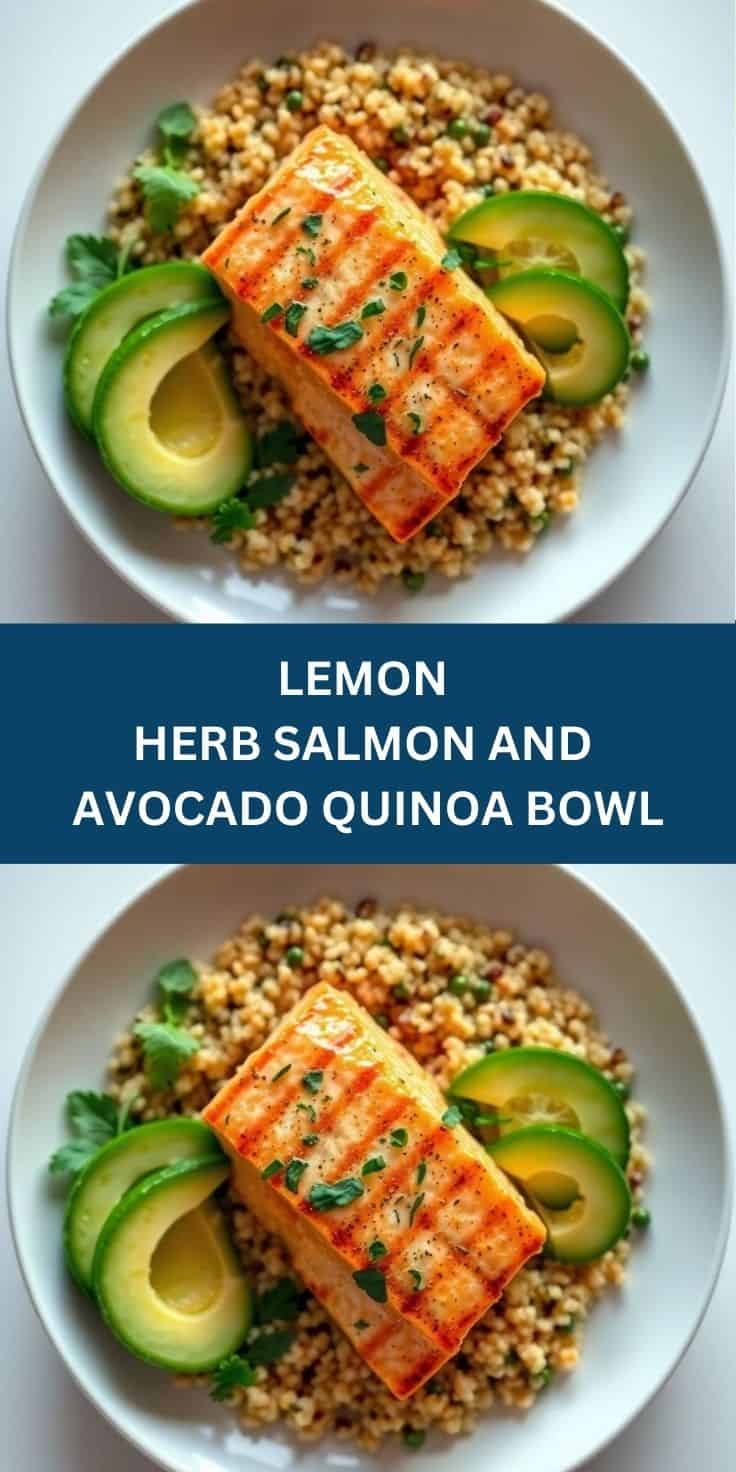 Lemon herb salmon fillet on quinoa base with sliced avocado and fresh herbs in white bowl.