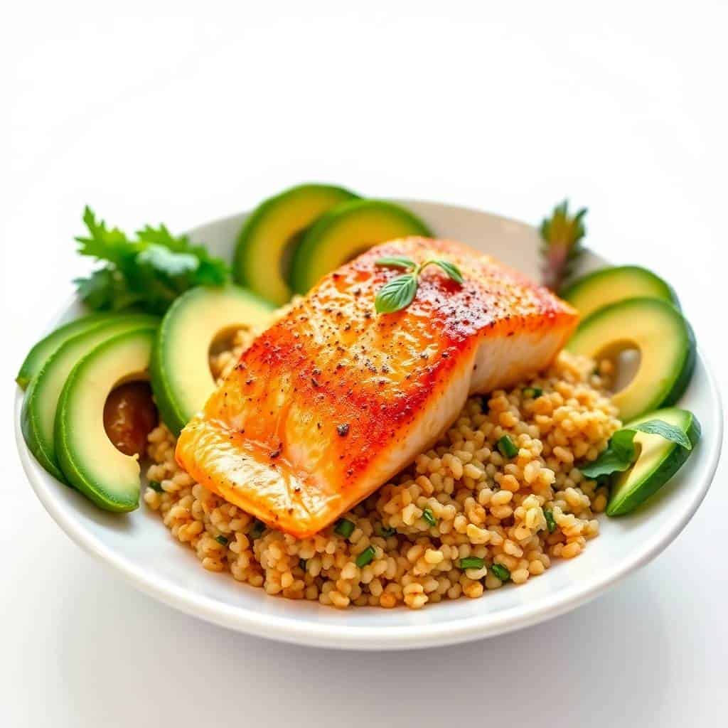 Seared salmon fillet with herb crust on quinoa bowl, garnished with sliced avocado and cilantro.