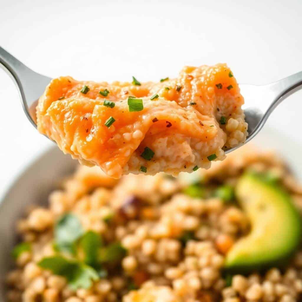 Lemon herb salmon fillet with chives on fork, quinoa bowl with avocado blurred below.