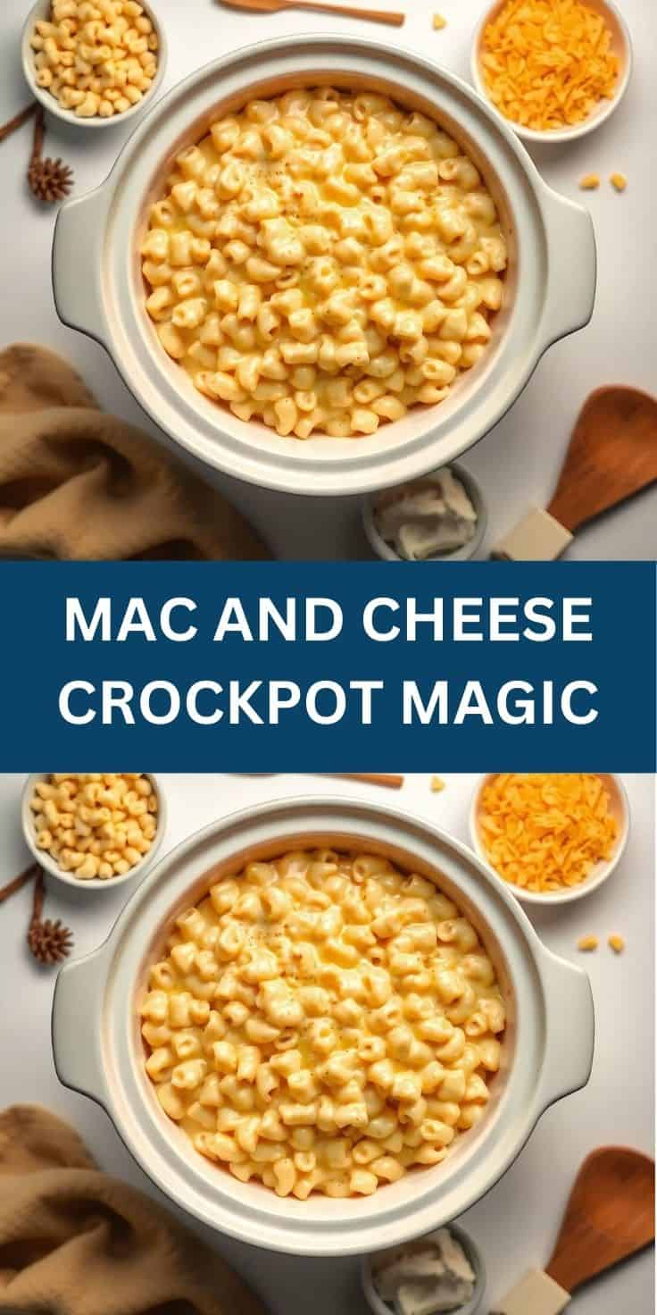 Creamy mac and cheese in white crockpot with shredded cheese and pasta ingredients nearby.