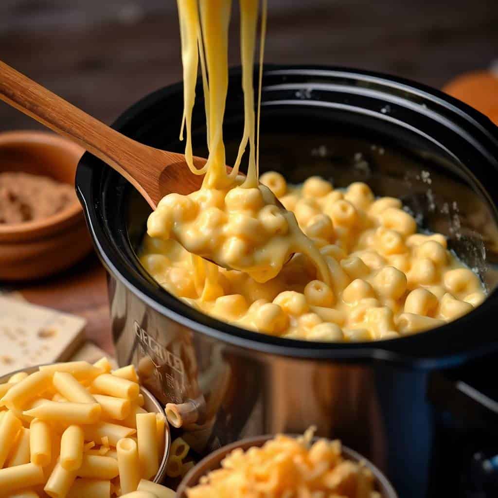 Creamy mac and cheese being lifted from a black crockpot with a wooden spoon, with pasta nearby.