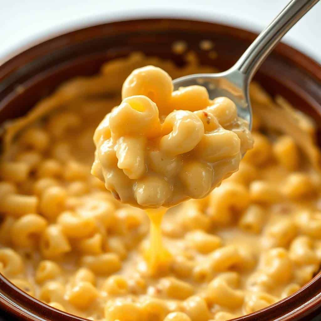 Creamy mac and cheese in a brown crockpot with a spoonful lifted, showing tender pasta and golden sauce.