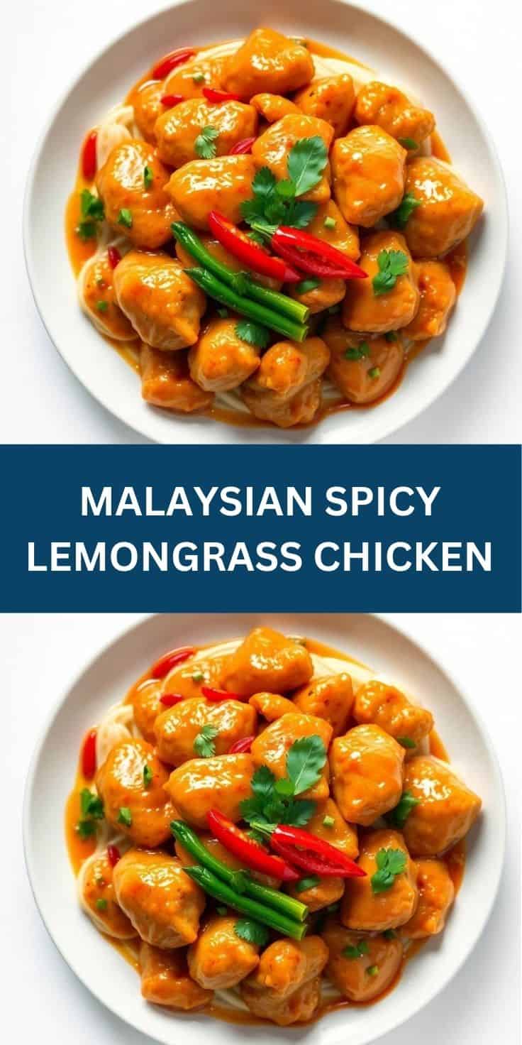 Malaysian spicy lemongrass chicken with glossy golden sauce, red chili, green onion, and cilantro on white plate.