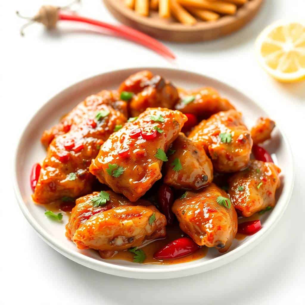 Malaysian spicy lemongrass chicken glazed in caramelized sauce, garnished with cilantro and red chilies on white plate.