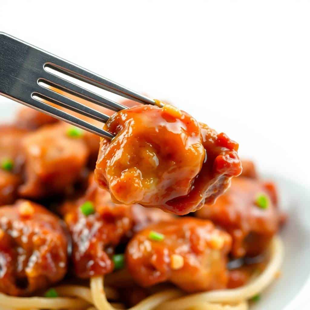 Spicy lemongrass chicken glazed in orange sauce, garnished with green onions, held by chopsticks.