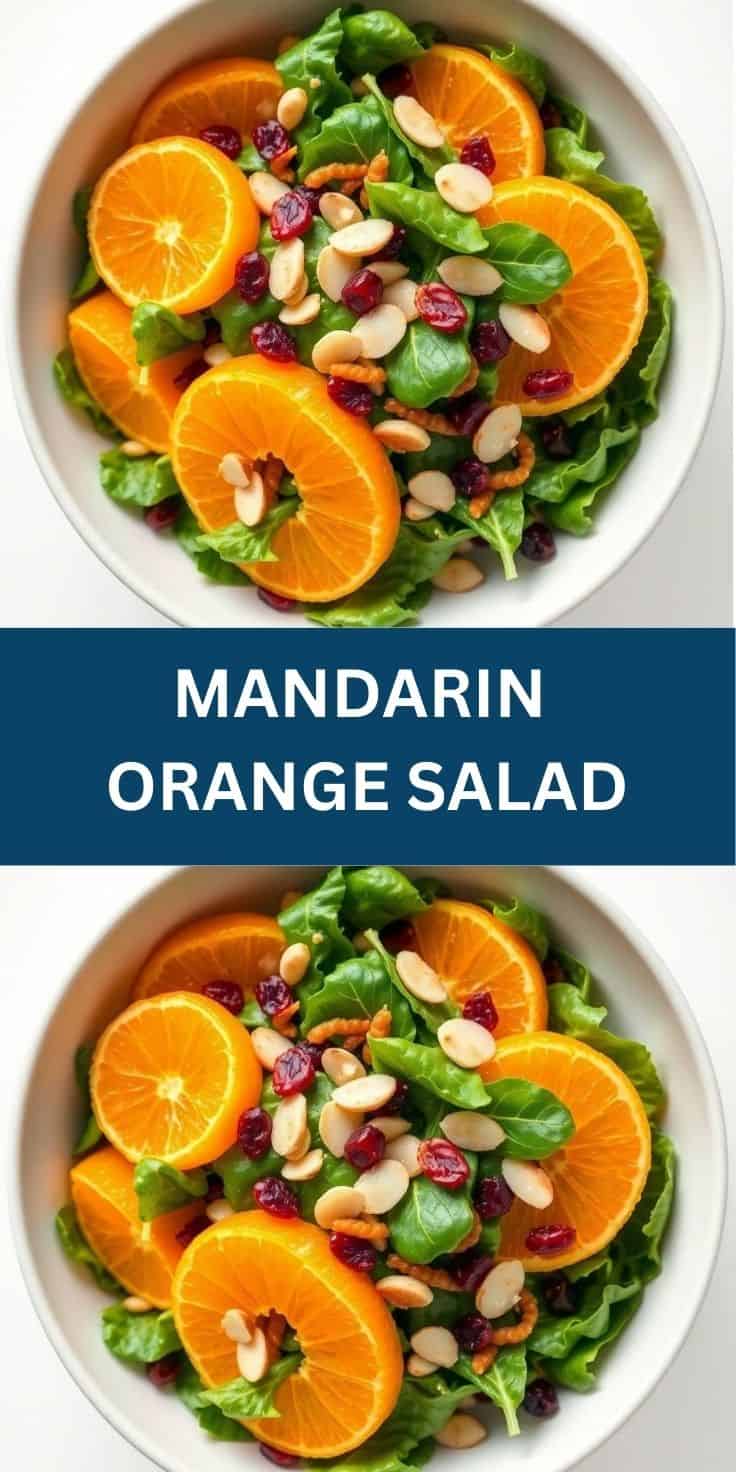 Mandarin orange salad with fresh greens, sliced oranges, almonds, and dried cranberries in white bowls.