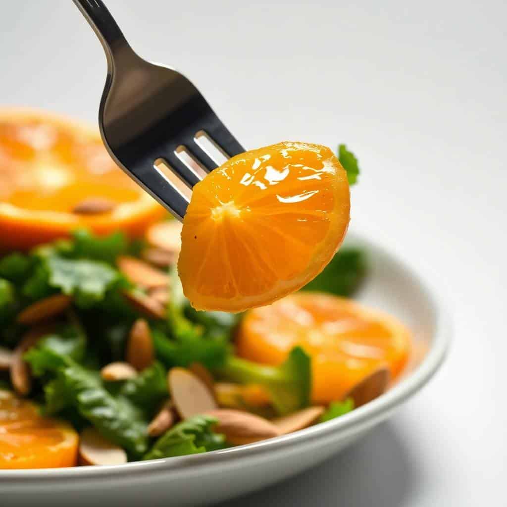 Fork lifting a glistening mandarin orange segment from a salad with greens and nuts on white plate.
