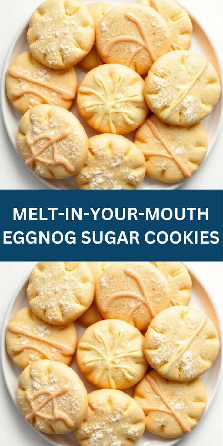 Plate of eggnog sugar cookies with powdered sugar dusting and decorative patterns on white dish.