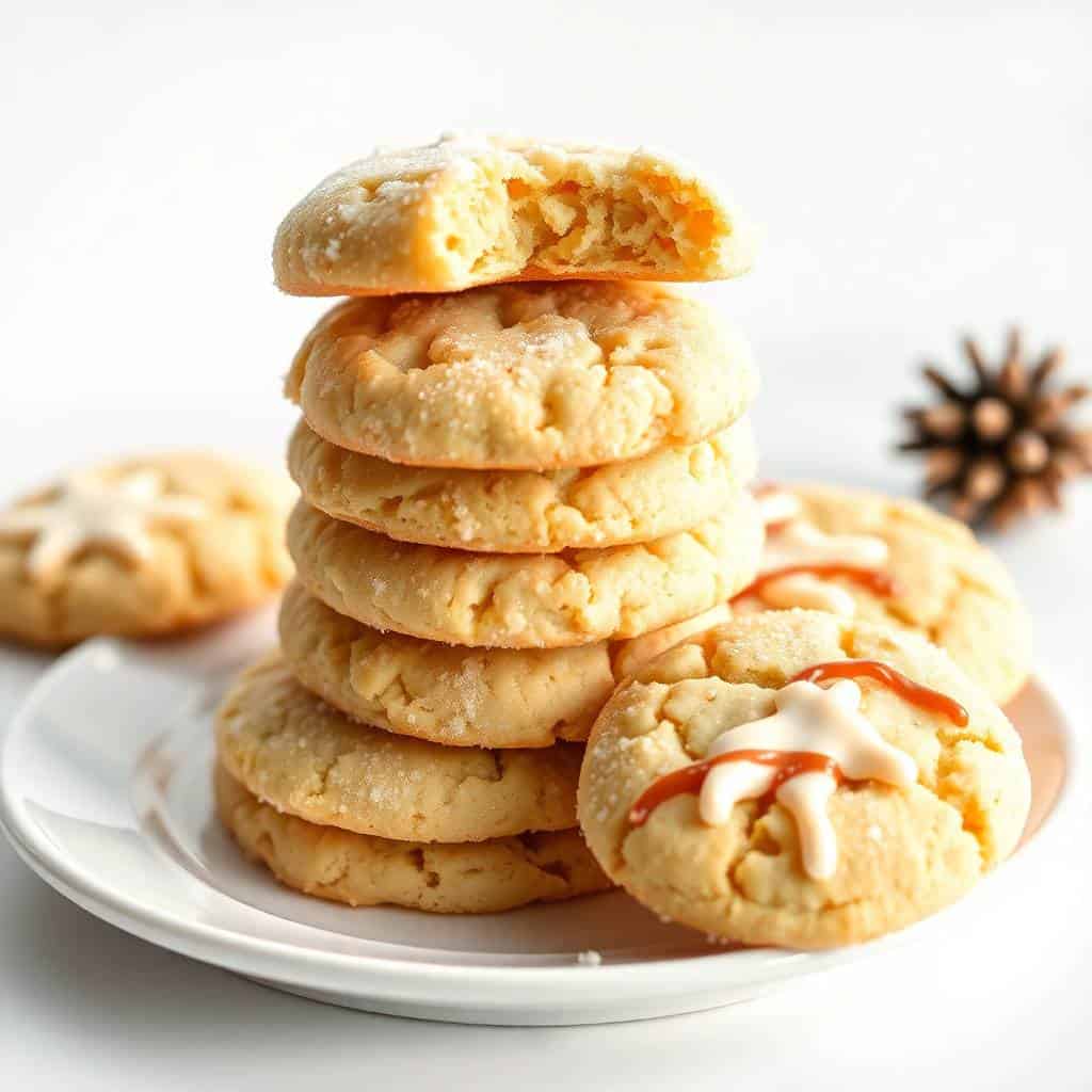 Stacked eggnog sugar cookies with white glaze and red candy drizzle on white plate.