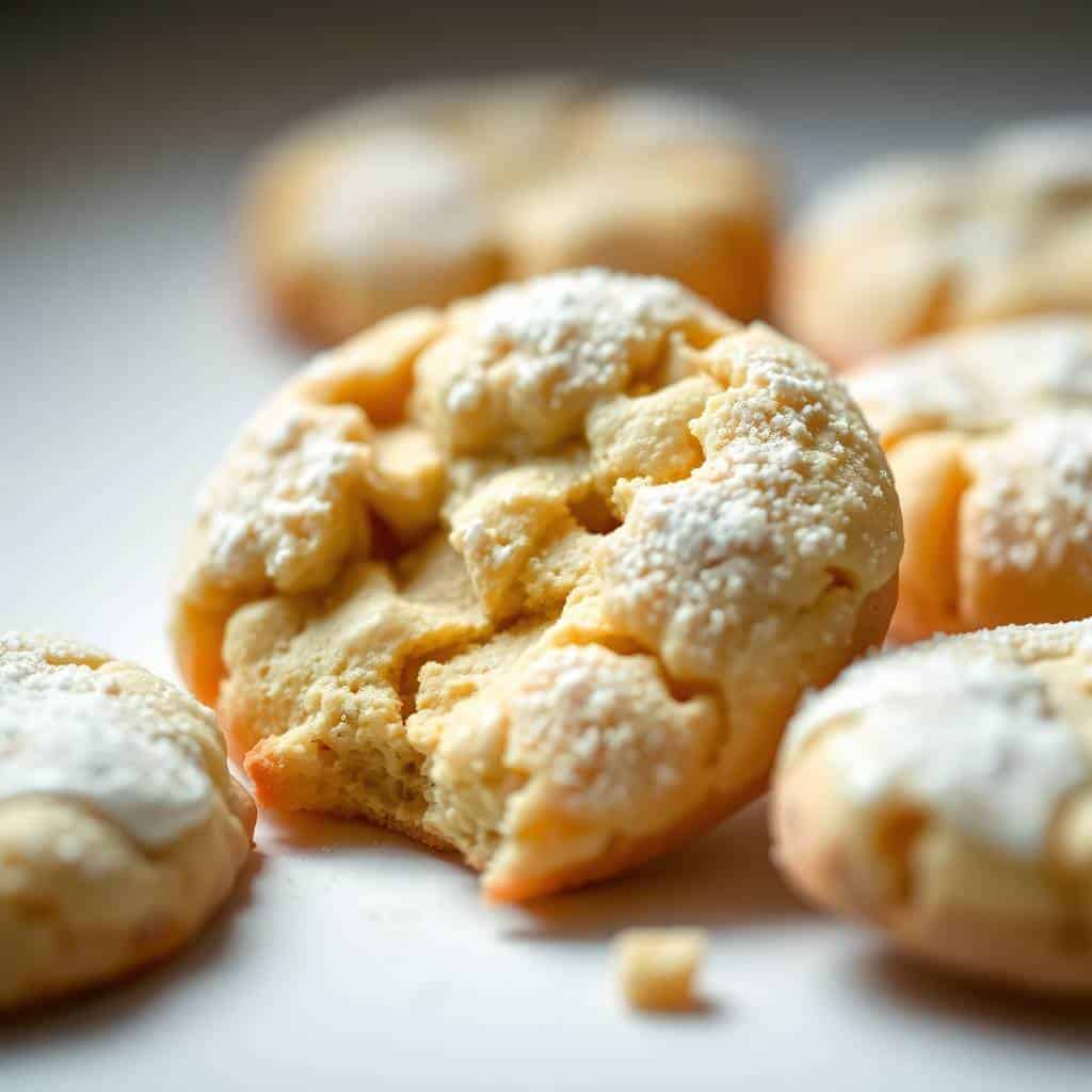 Powdered sugar-dusted eggnog cookies arranged on white surface, golden-brown with crumbly texture.