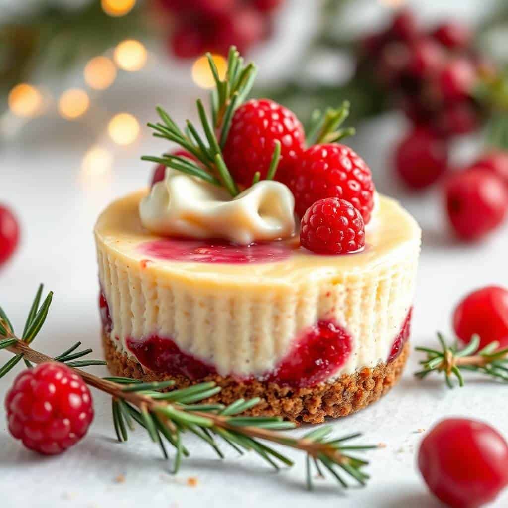 Mini cheesecake with graham cracker crust, raspberries, whipped cream, and rosemary garnish.