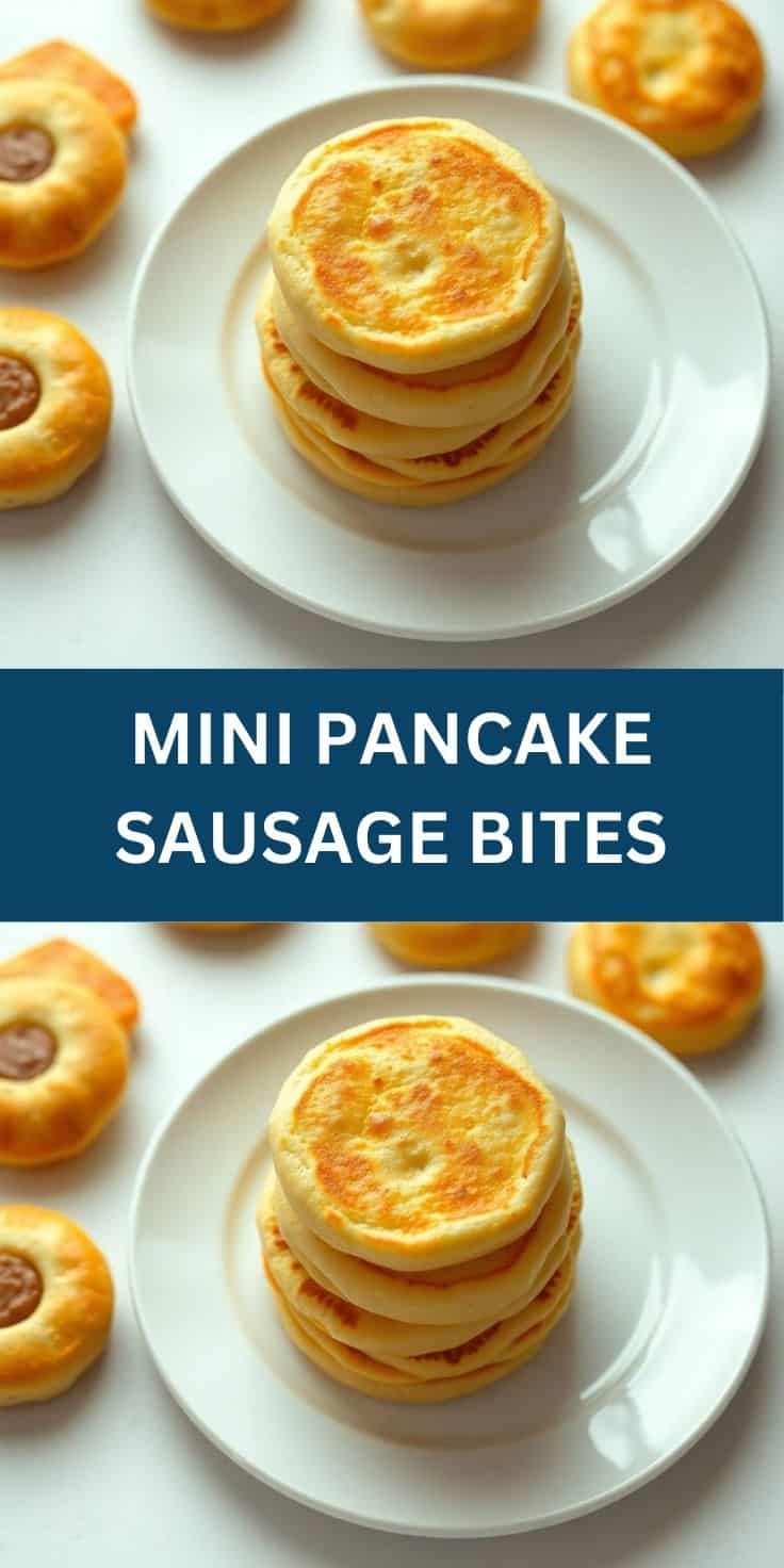 Stack of mini pancake sausage bites on white plate with additional bites blurred in background.
