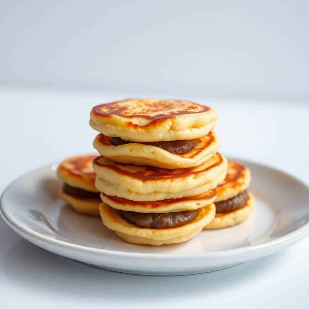 Mini pancake sausage bites stacked on white plate with golden-brown tops and sausage patties between layers.