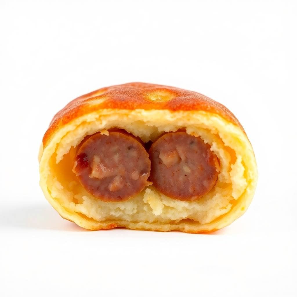 Mini pancake sausage bite cut in half, showing fluffy golden pancake exterior with two cooked sausage patties inside.