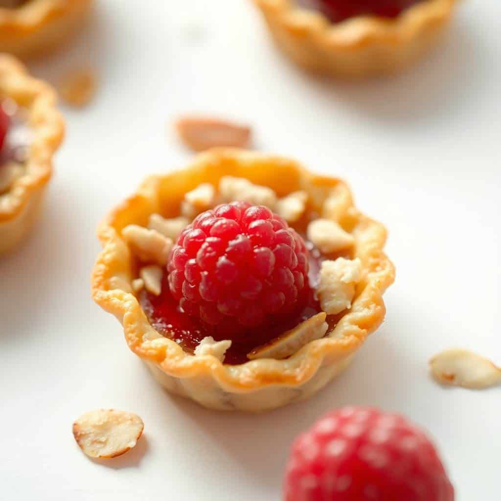 Mini raspberry almond tart with fresh red berry, sliced almonds, and golden pastry shell on white surface.