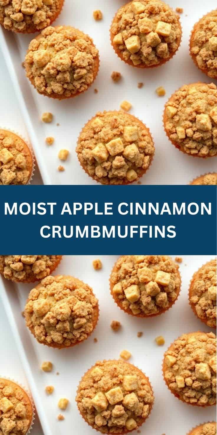 Golden apple cinnamon crumb muffins with streusel topping arranged on white surface.