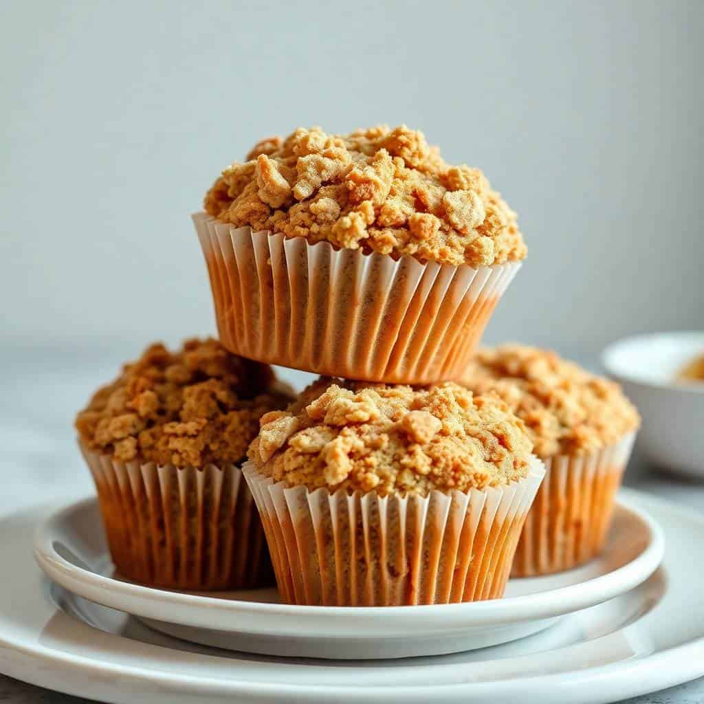 Apple cinnamon crumb muffins with golden streusel topping arranged on white plates.