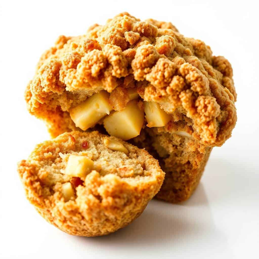 Apple cinnamon crumb muffins with visible apple chunks and streusel topping, stacked on white surface.