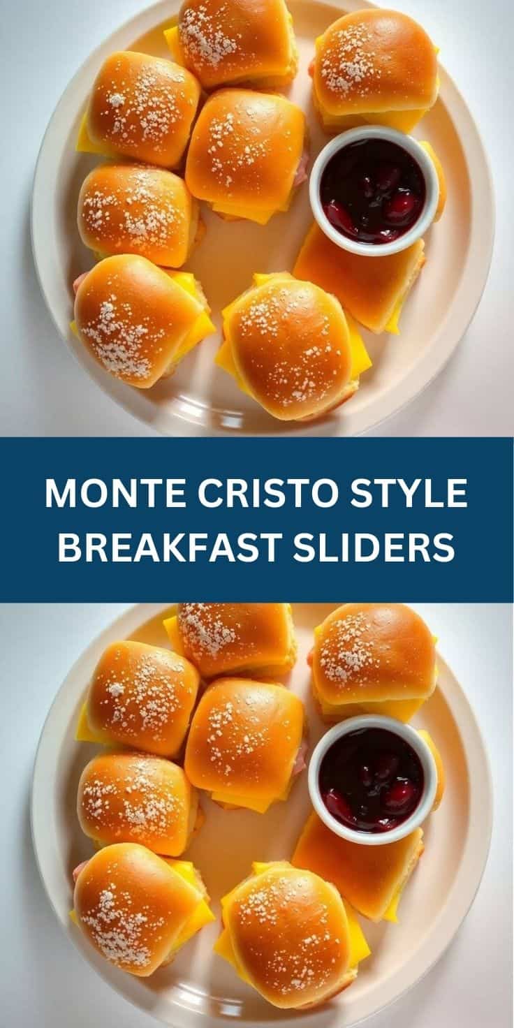 Monte Cristo style breakfast sliders arranged on white plate with powdered sugar and jam dipping sauce.