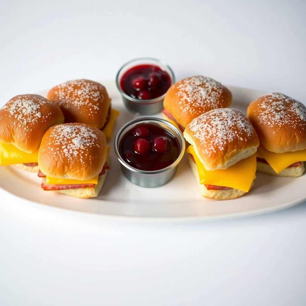Monte Cristo breakfast sliders with powdered sugar, ham, cheese, and jam on white plate.
