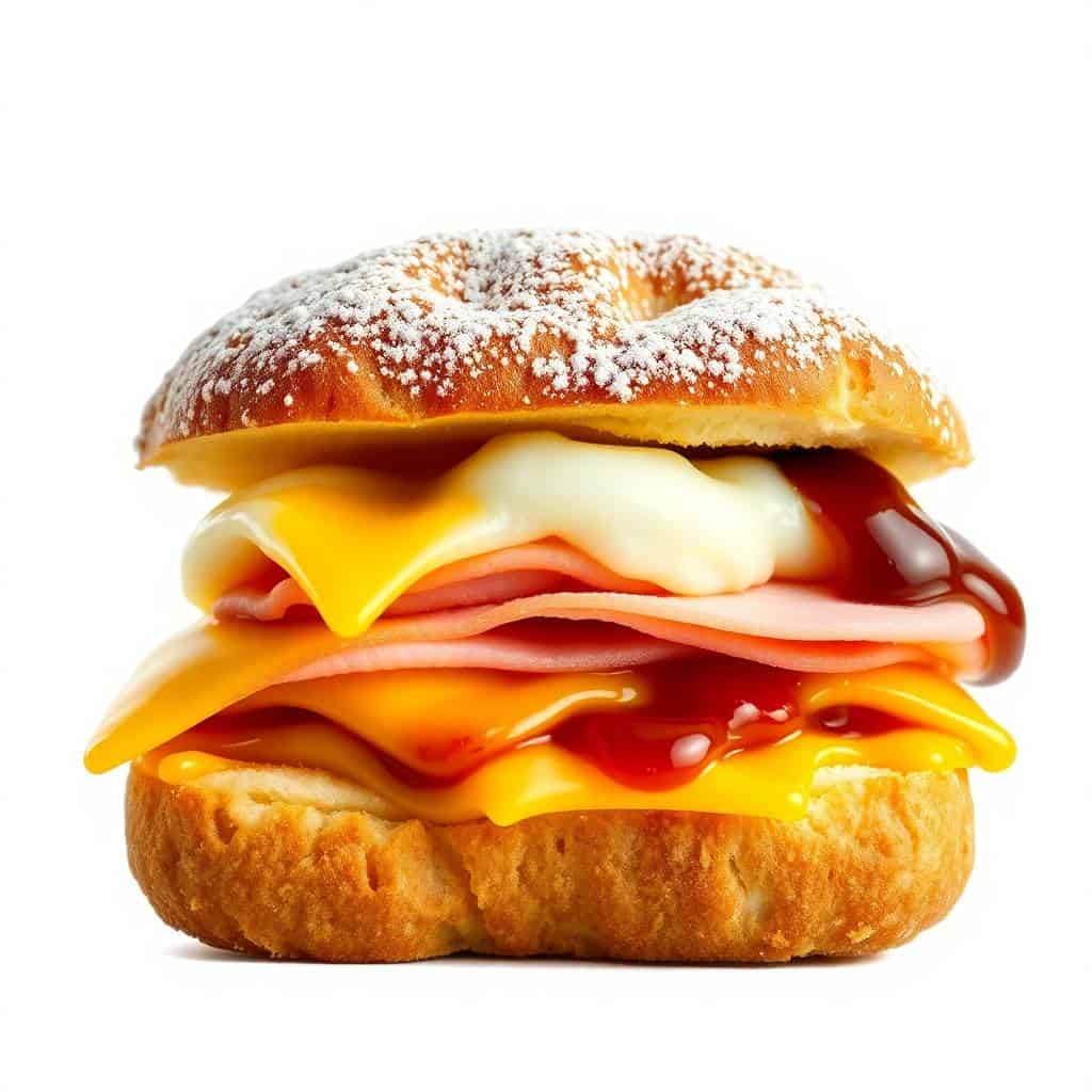 Monte Cristo breakfast slider with powdered sugar-dusted bun, layered ham, cheese, and red pepper.